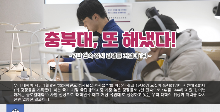 충북대, 또 해냈다!/7년 연속 정시 경쟁률 거점대 1위/우리 대학이 지난 1월 6일 ‘2024학년도 정시모집 원서접수’를 마감한 결과 1천30명 모집에 6천191명이 지원해 6.01대 1의 경쟁률을 기록했다. 이는 국가 거점 국립대학교 중 가장 높은 경쟁률로 7년 연속으로 1위를 고수하고 있다. 이번 쾌거는 글로컬대학30 사업 선정으로 ‘대학민국 대표 거점 국립대’로 성장하고 있는 우리 대학의 위상과 저력을 다시 한번 입증한 결과이다. 